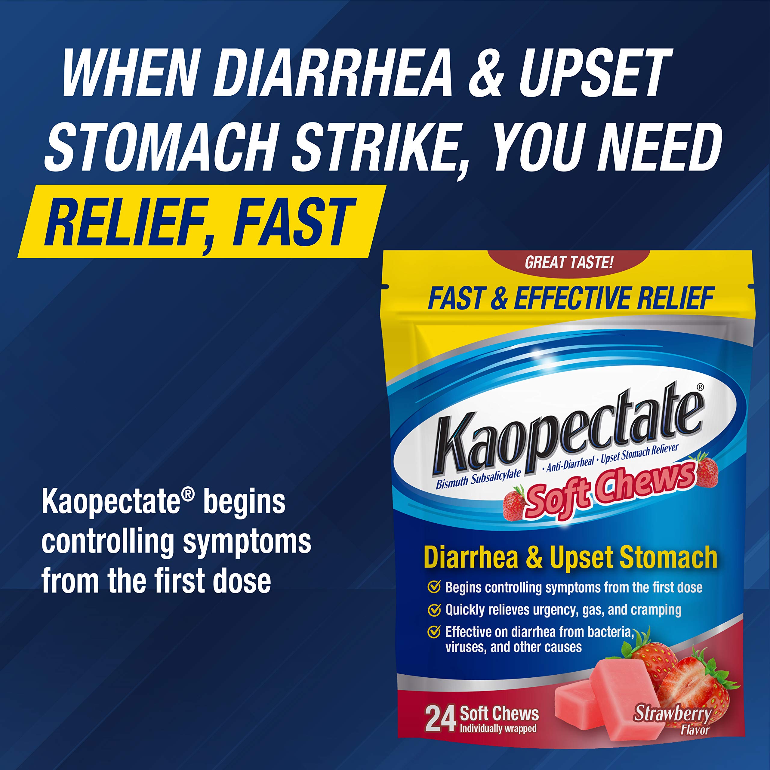 Kaopectate Strawberry Soft Chews held in hand for on-the-go stomach support.