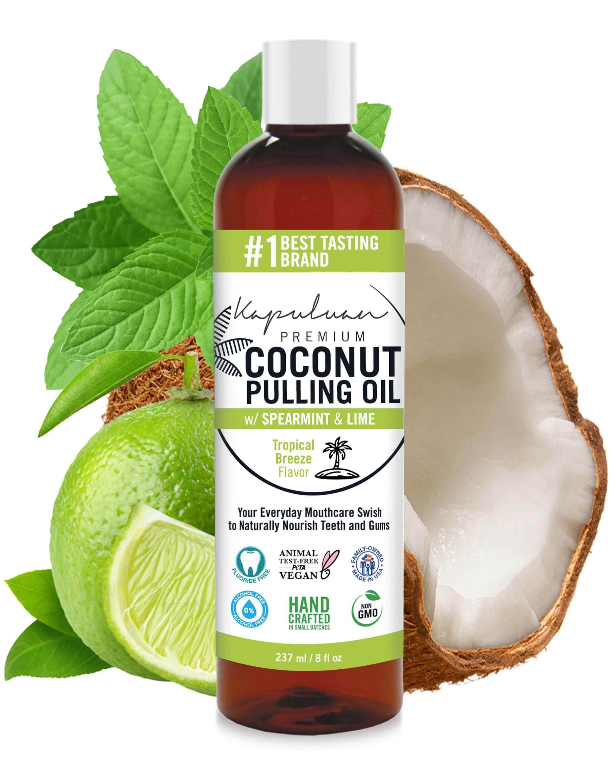 Bottle of Kapuluan Coconut Oil Pulling Mouthwash with spearmint and lime
