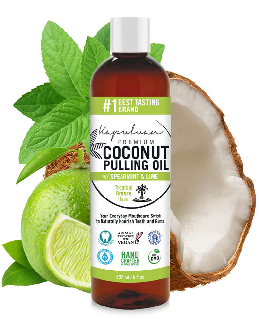 Bottle of Kapuluan Coconut Oil Pulling Mouthwash with spearmint and lime