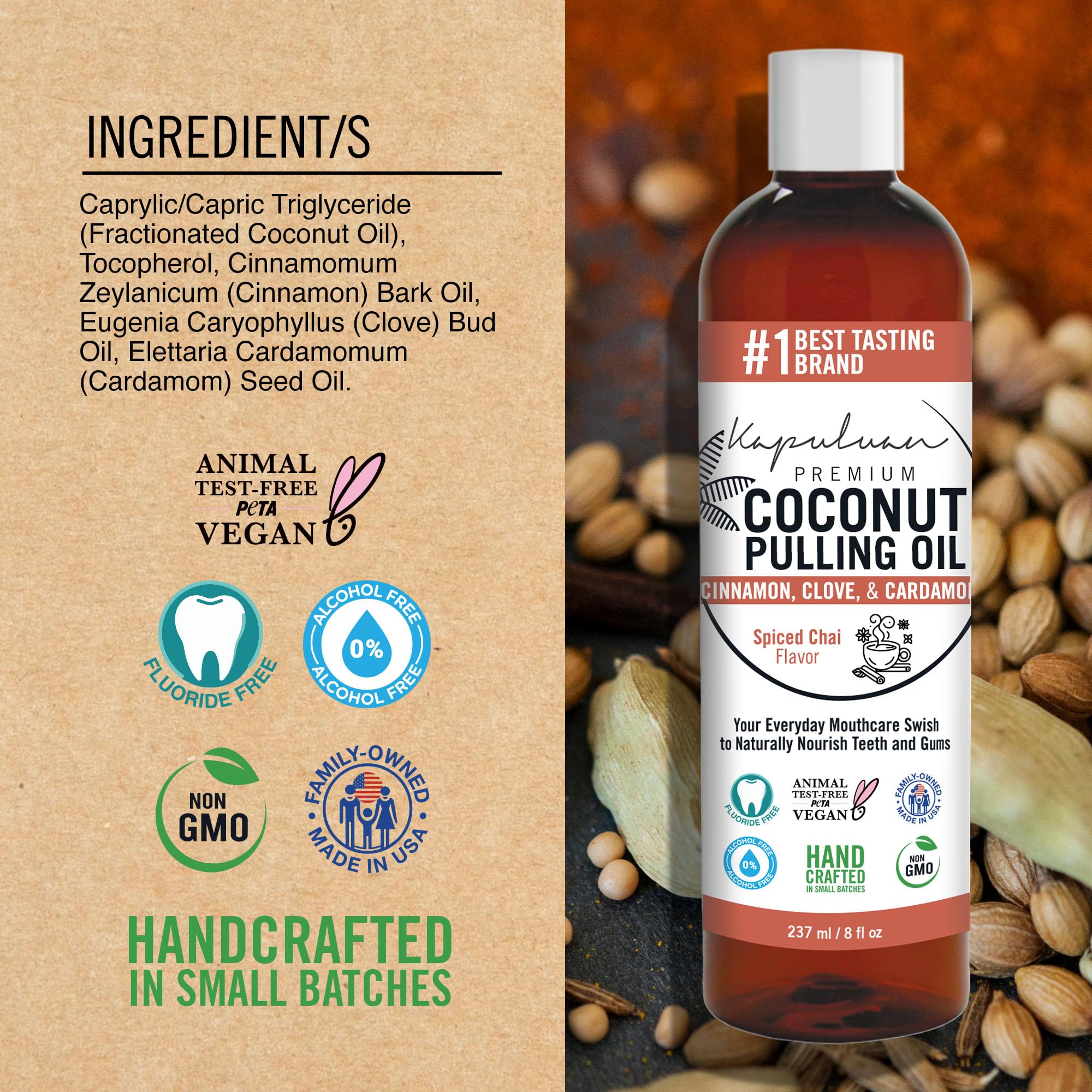 Kapuluan coconut oil pulling packaging and product shot