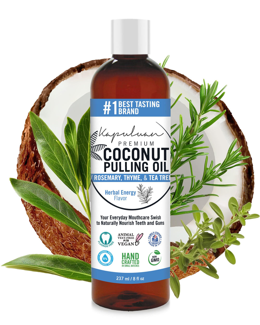 Bottle of Kapuluan Coconut Oil Pulling Mouthwash for teeth and gums
