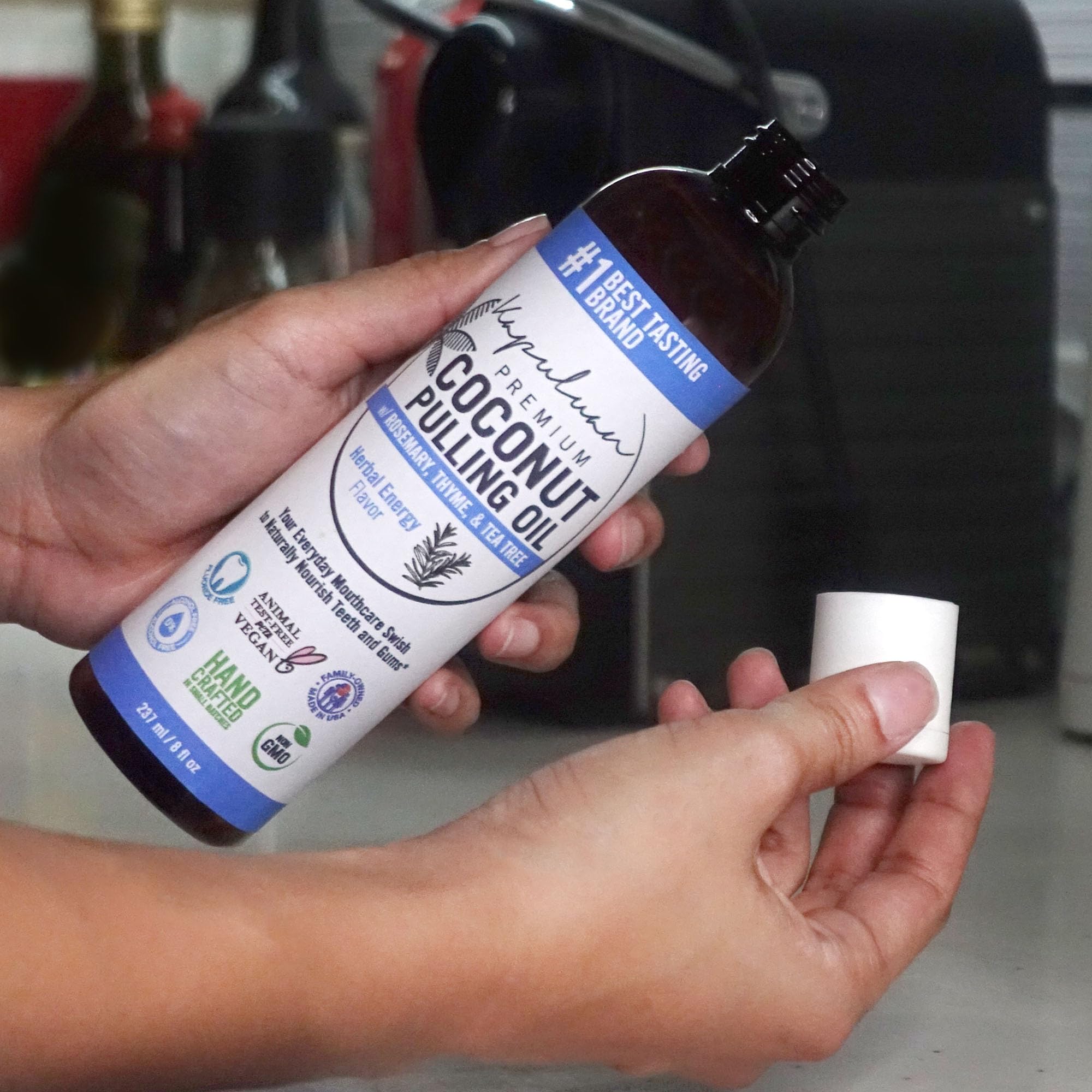 Non-GMO coconut oil bottle label with Ayurvedic blend