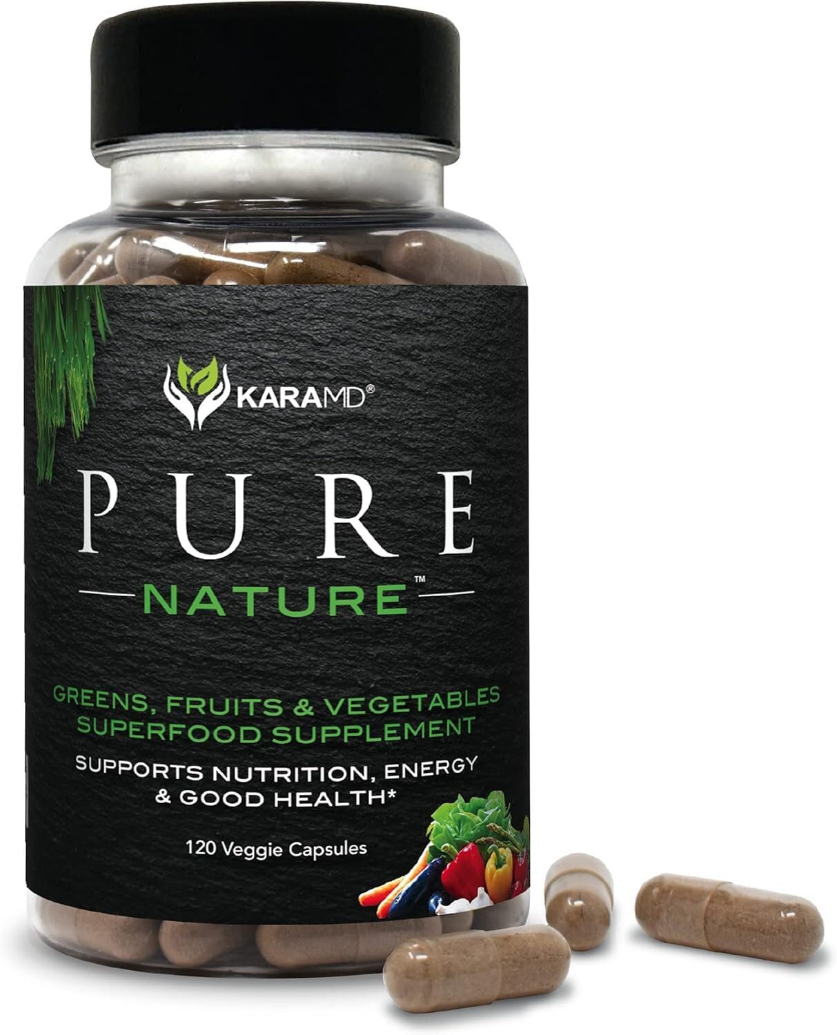 KaraMD Pure Nature bottle front showing gluten-free vegan greens for daily energy.