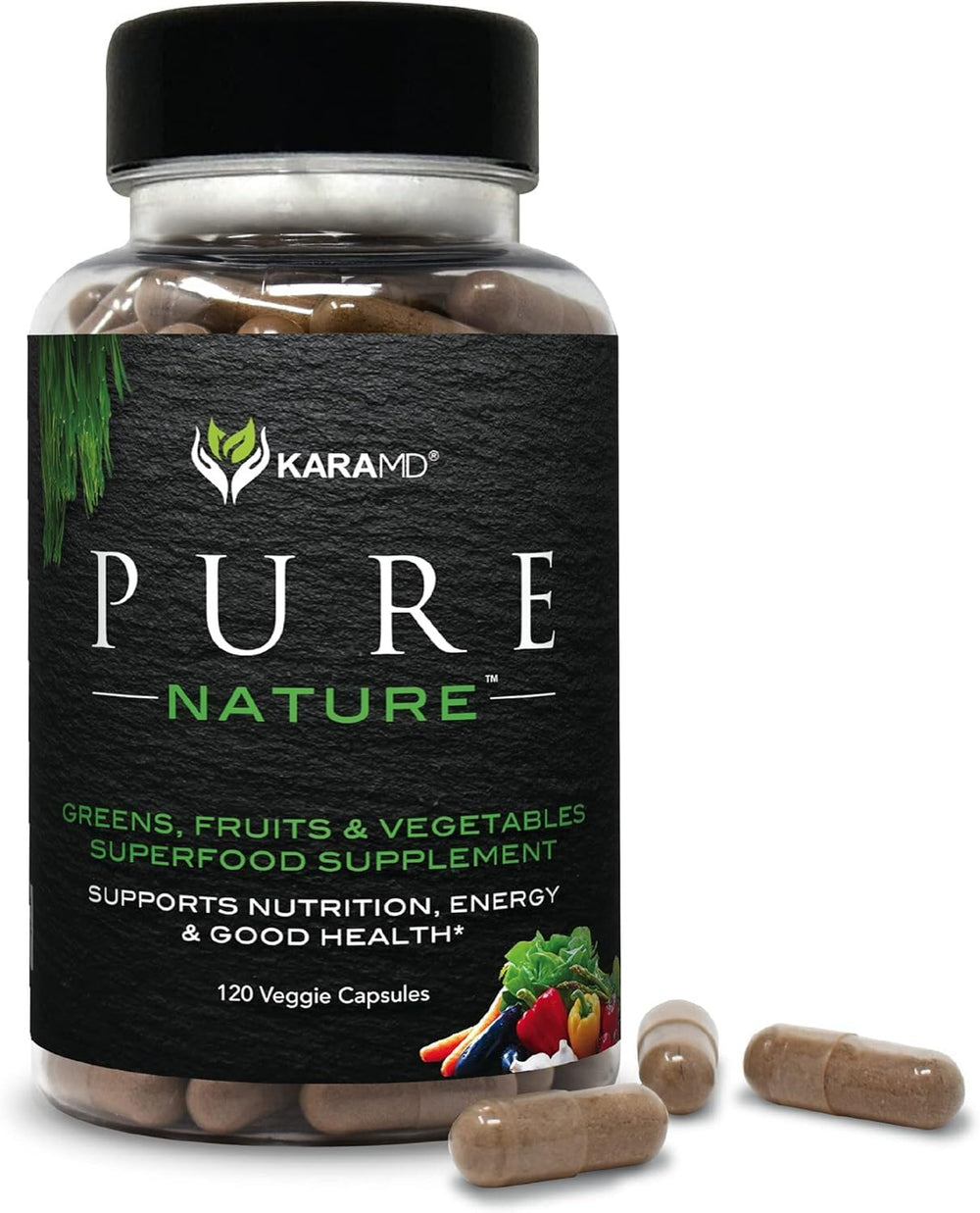 KaraMD Pure Nature bottle front showing gluten-free vegan greens for daily energy.