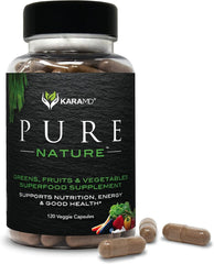 KaraMD Pure Nature bottle front showing gluten-free vegan greens for daily energy.