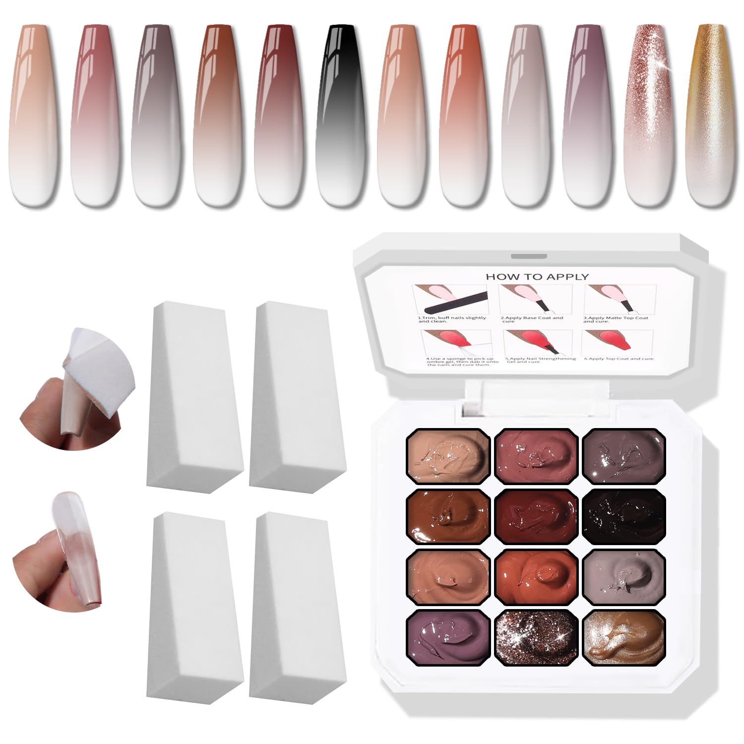 Karroy Sponge Pat Gel Nail Palette in 12 colors for effortless ombre at home