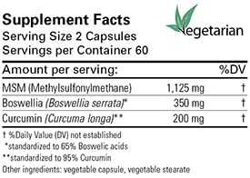 Close-up of Karuna MSM Plus capsules and ingredients: MSM, Boswellia serrata, Curcumin