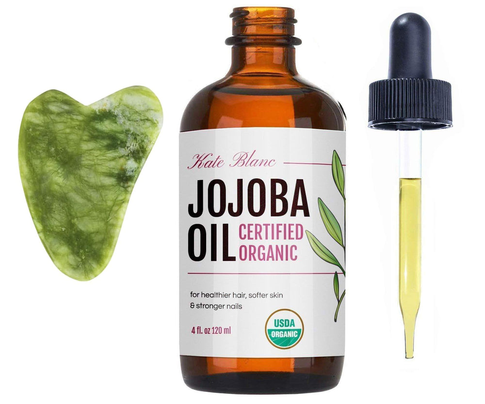 Kate Blanc Organic Jojoba Oil 4oz bottle with jade gua sha stone kit for face