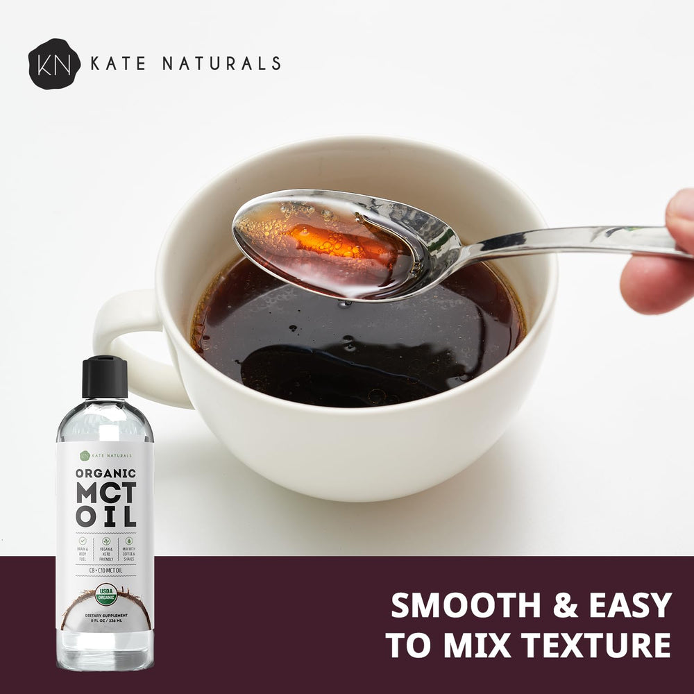 Pouring Kate Naturals MCT Oil into coffee