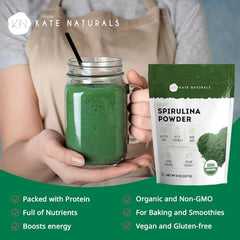 Spirulina powder packaging displaying USDA Organic and Non-GMO seals