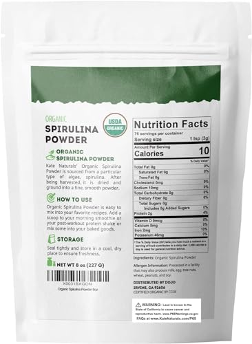 Kitchen setup featuring Kate Naturals Spirulina Powder for shakes