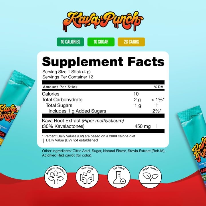 KAVA PUNCH Relaxation Drink Mix 12-stick pack – back view with nutrition panel