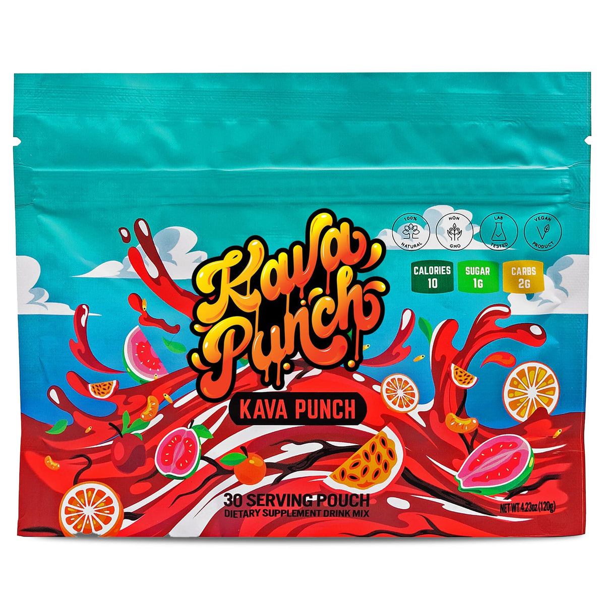 Front view of Kava Punch Relaxation Powder 30-serving pouch
