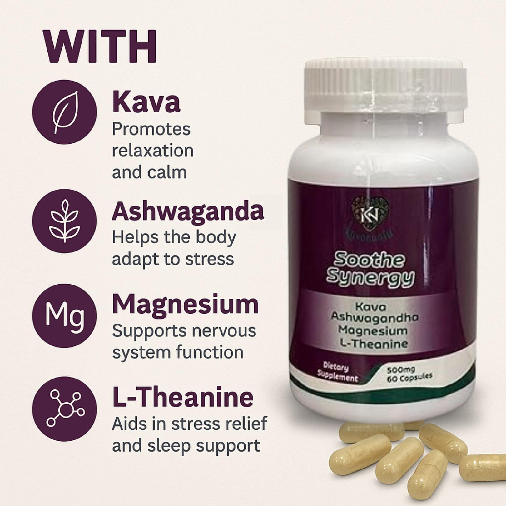 60-count Kavanuatu Kava Capsules bottle, 500mg per capsule