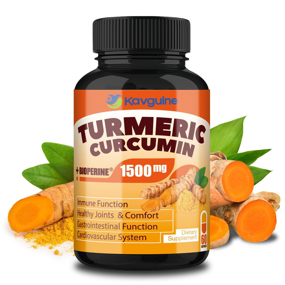 Front view of Kavguine Turmeric Curcumin 1650mg bottle