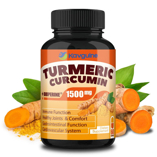 Front view of Kavguine Turmeric Curcumin 1650mg bottle