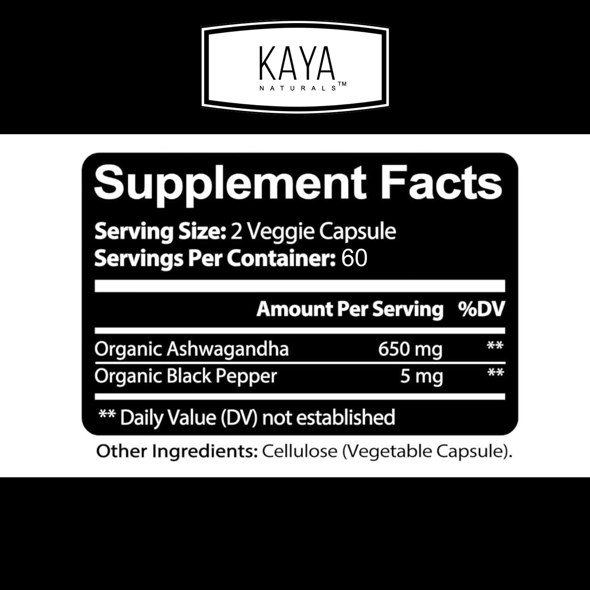 Back view of Kaya Naturals Ashwagandha bottle with nutrition facts