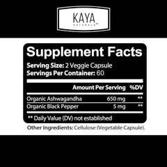 Back view of Kaya Naturals Ashwagandha bottle with nutrition facts
