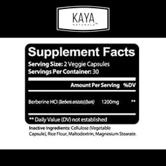 Side view of Kaya Naturals Berberine HCL 1200mg bottle