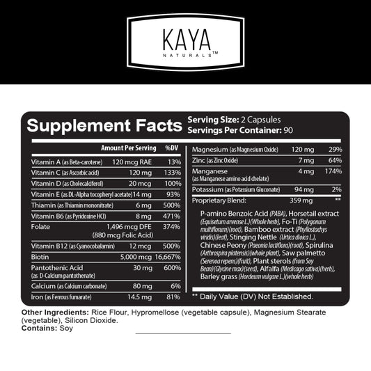 Close-up of Kaya Naturals Hair Skin Nails bottle