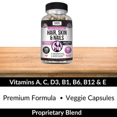 Ingredient panels highlighting Biotin, Argan, Collagen and vitamins