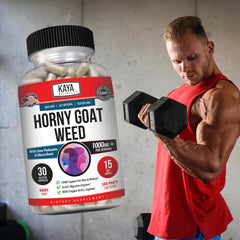 Close-up of Kaya Naturals Horny Goat Weed 1560mg Complex bottle label