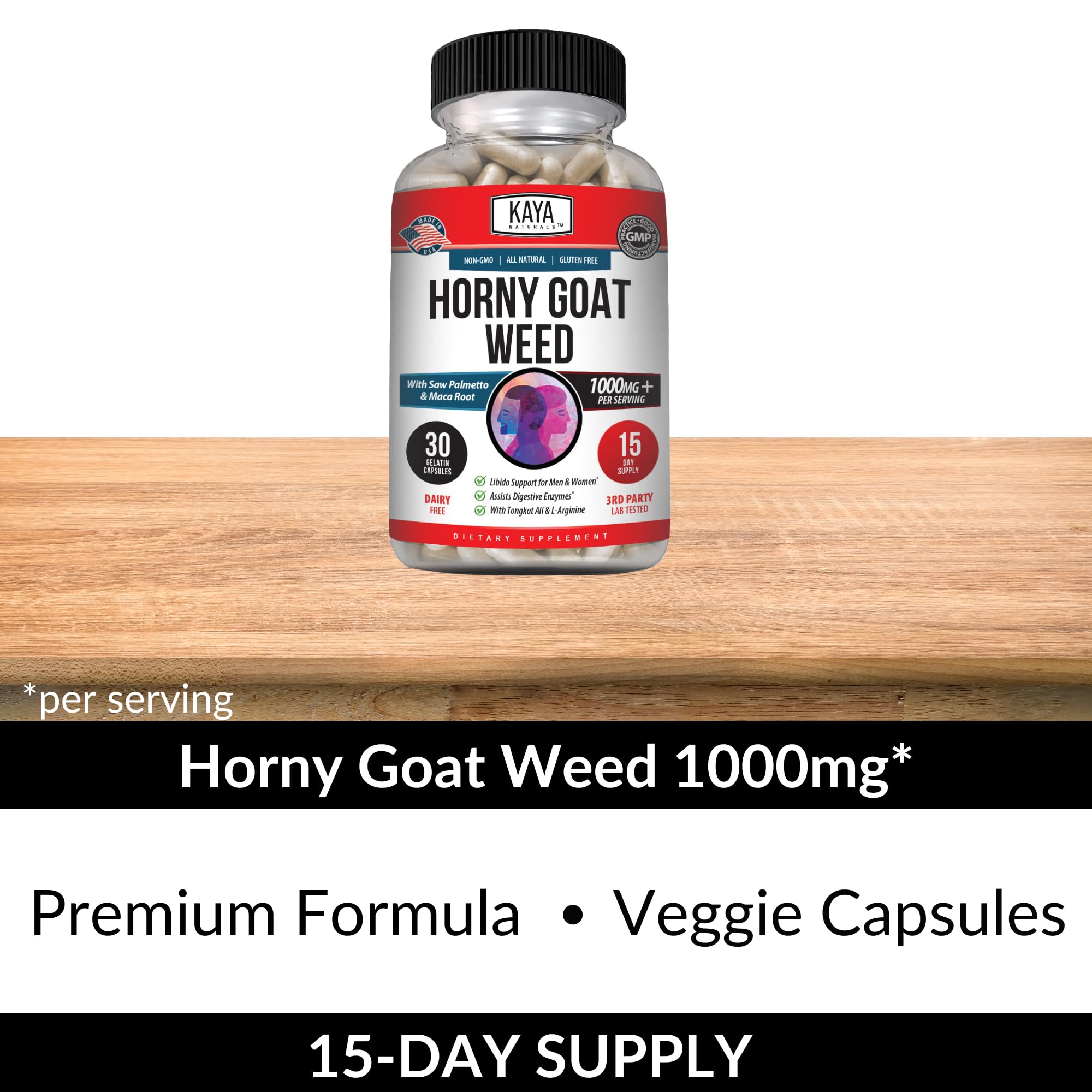 Front view of Kaya Naturals Horny Goat Weed bottle on white background