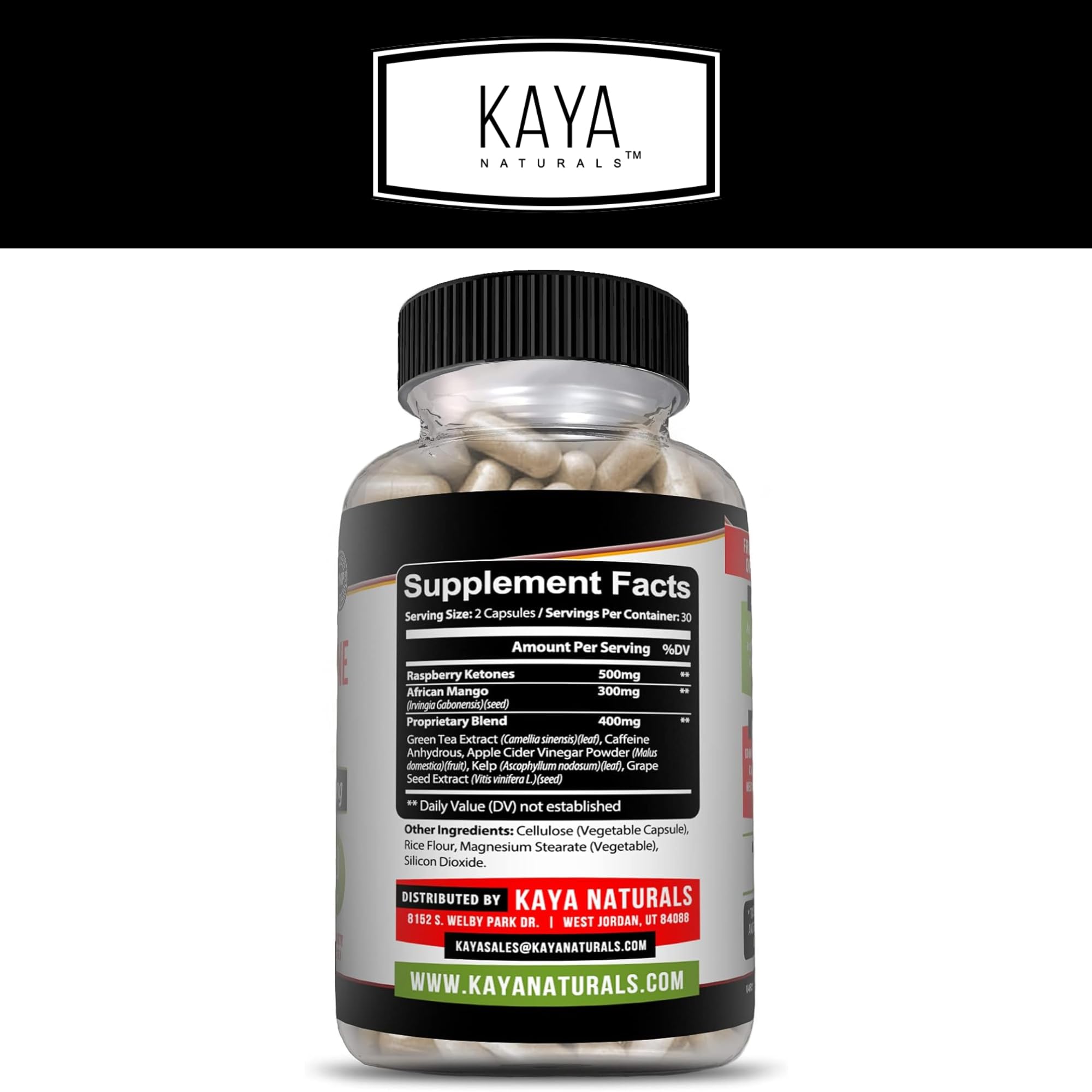 Kaya Naturals Raspberry Ketone bottle back label