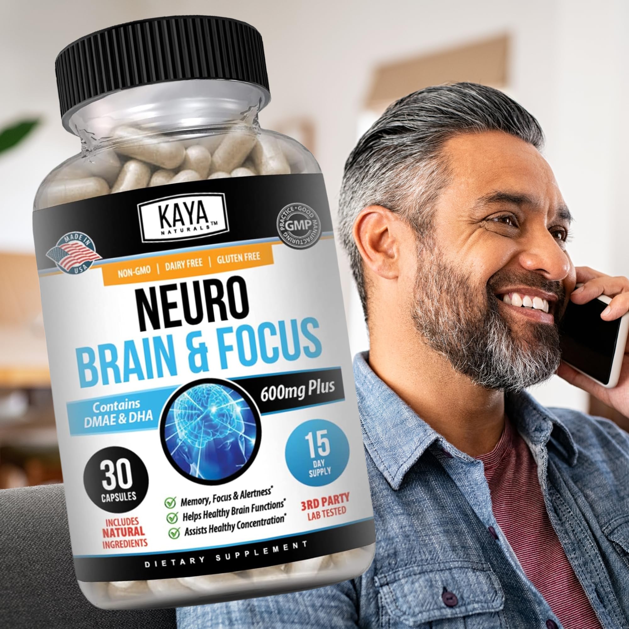 Open Kaya Naturals Neuro Brain bottle with capsules visible