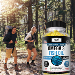 Close-up of Kaya Naturals Omega-3 softgels in bottle