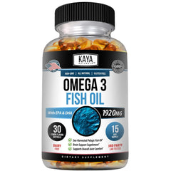 Kaya Naturals Omega-3 fish oil softgel bottle label with 30 softgels