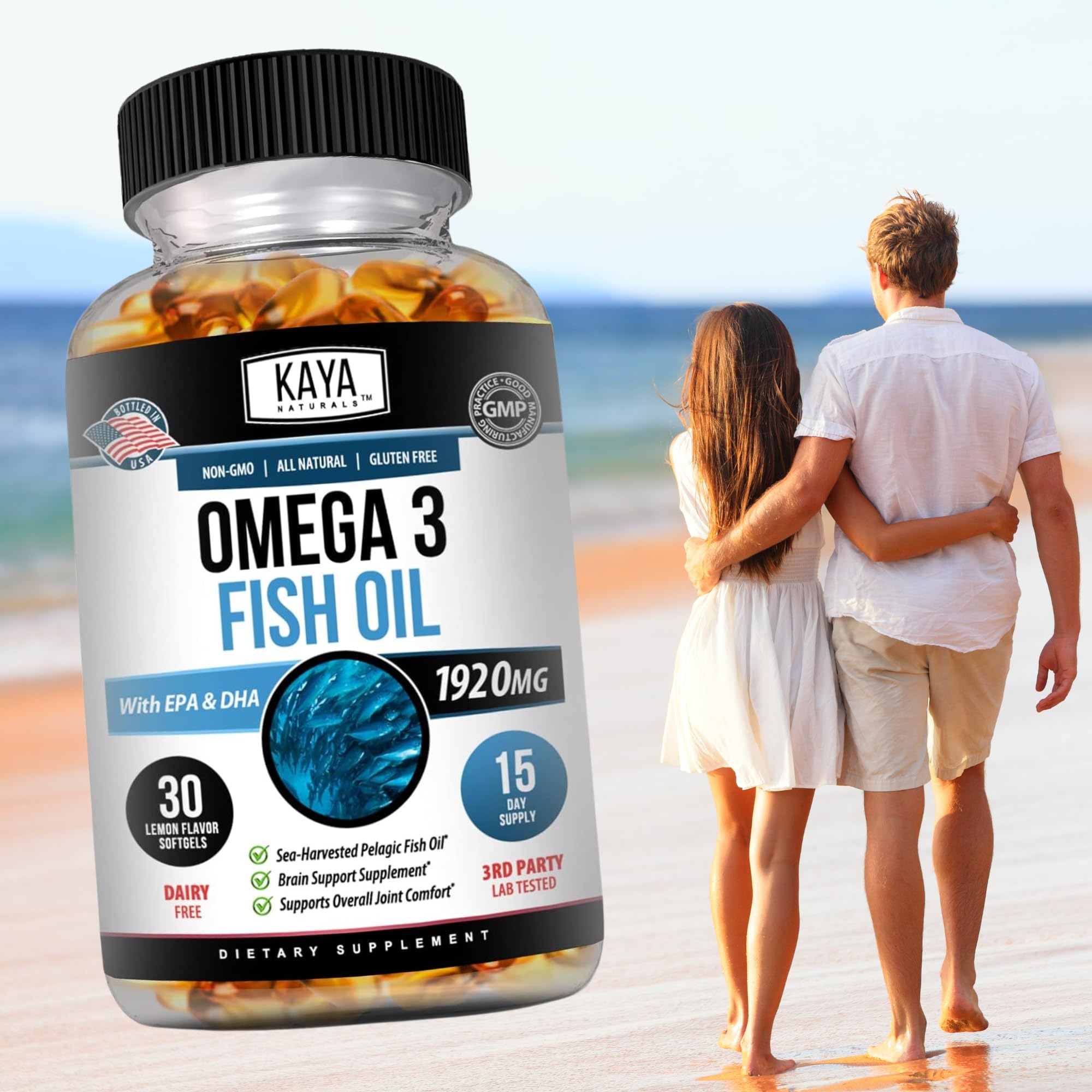 Brain and heart icons with Kaya Naturals Omega-3