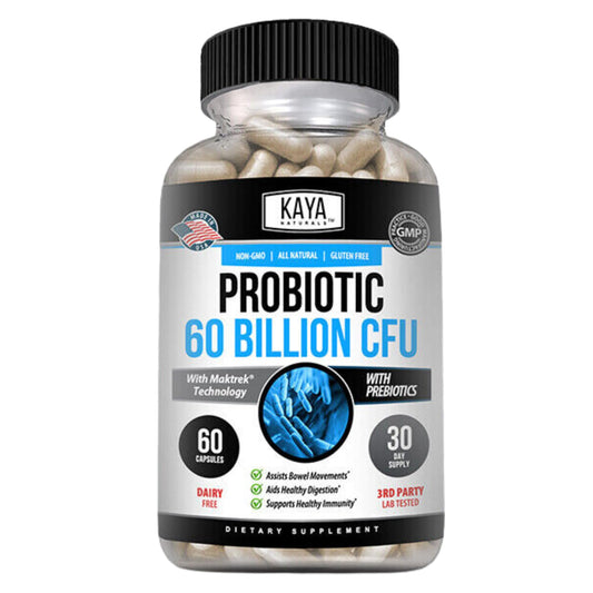 Front view of Kaya Naturals Probiotic bottle showing 60 Billion CFU