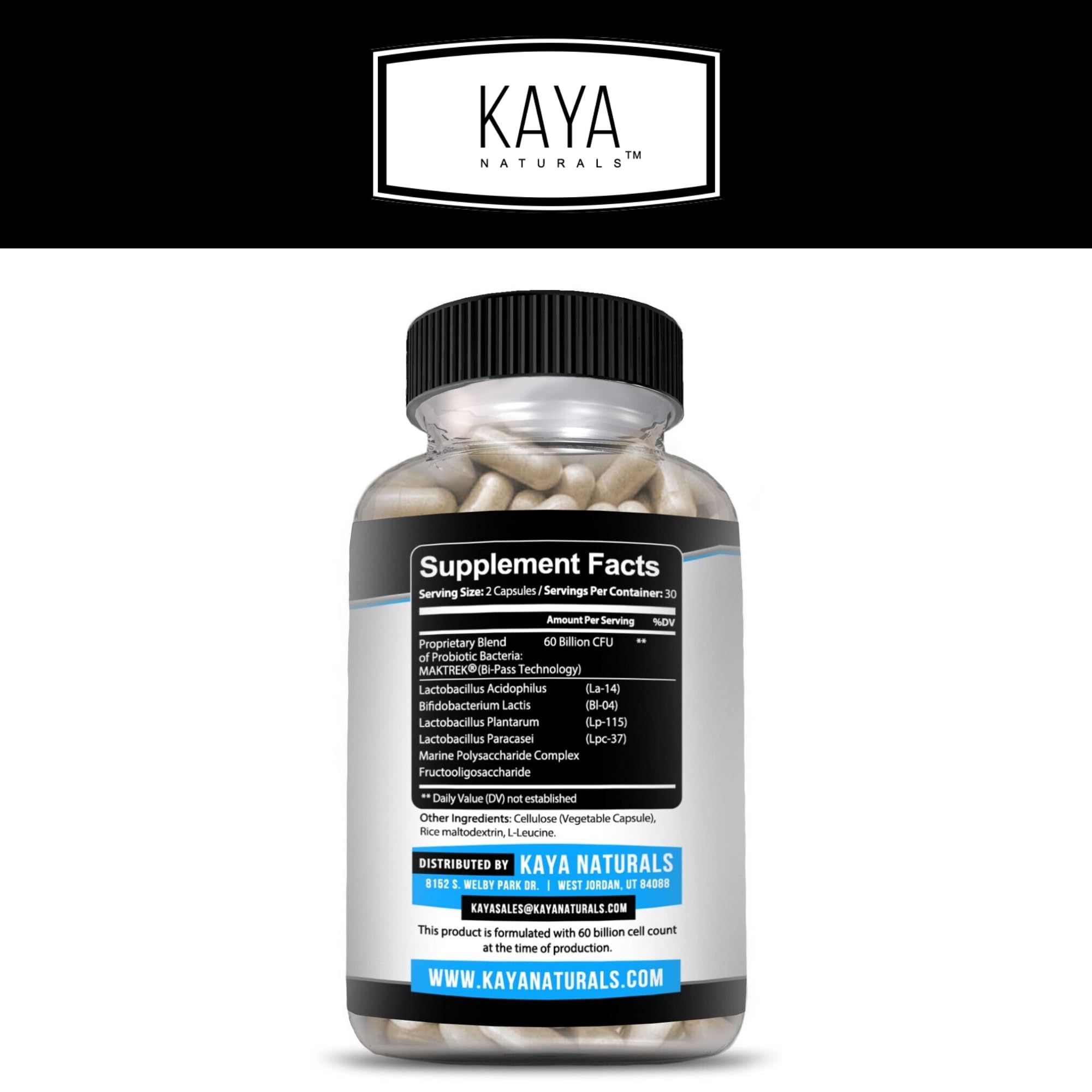 Product label of Kaya Naturals Probiotic with 60 Billion CFU information