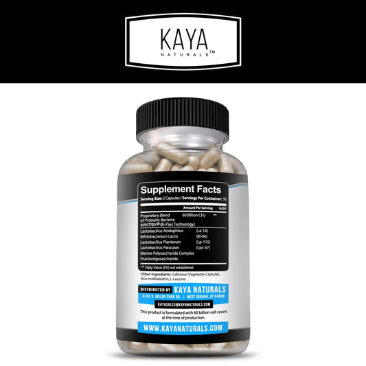 Product label of Kaya Naturals Probiotic with 60 Billion CFU information