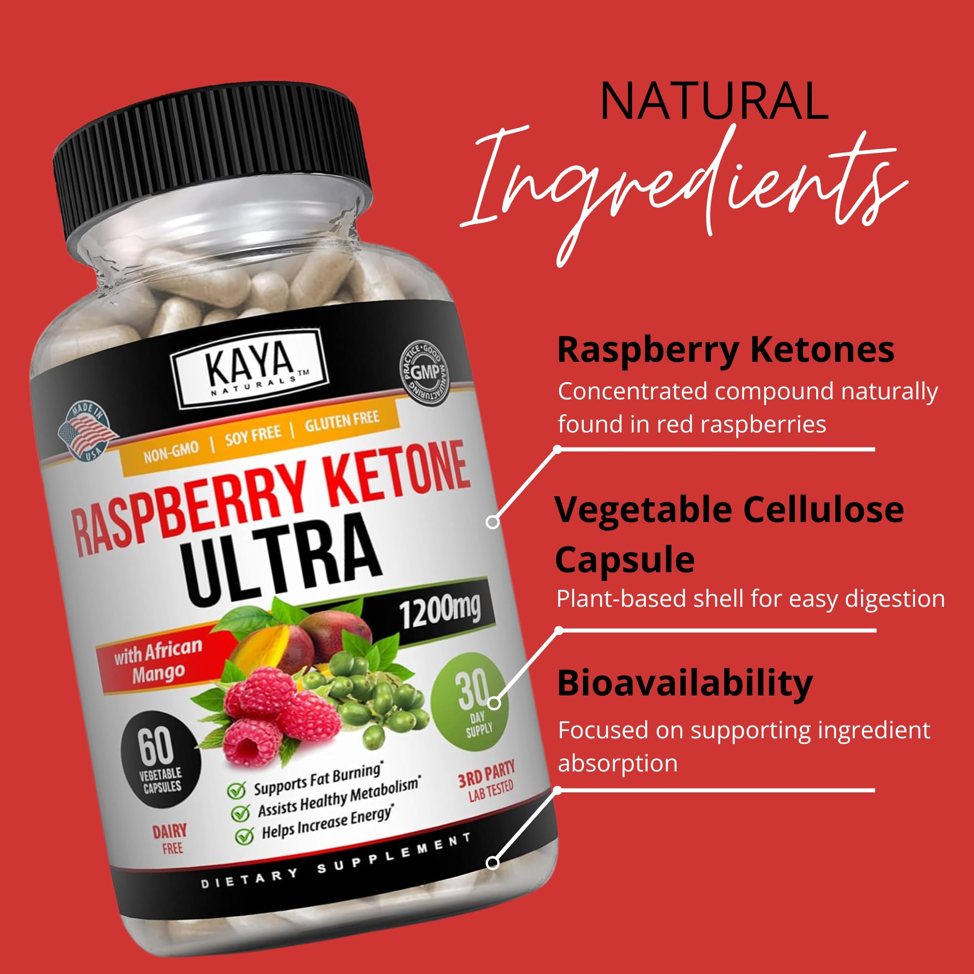 Capsules inside Kaya Naturals Raspberry Ketone Keto Diet bottle
