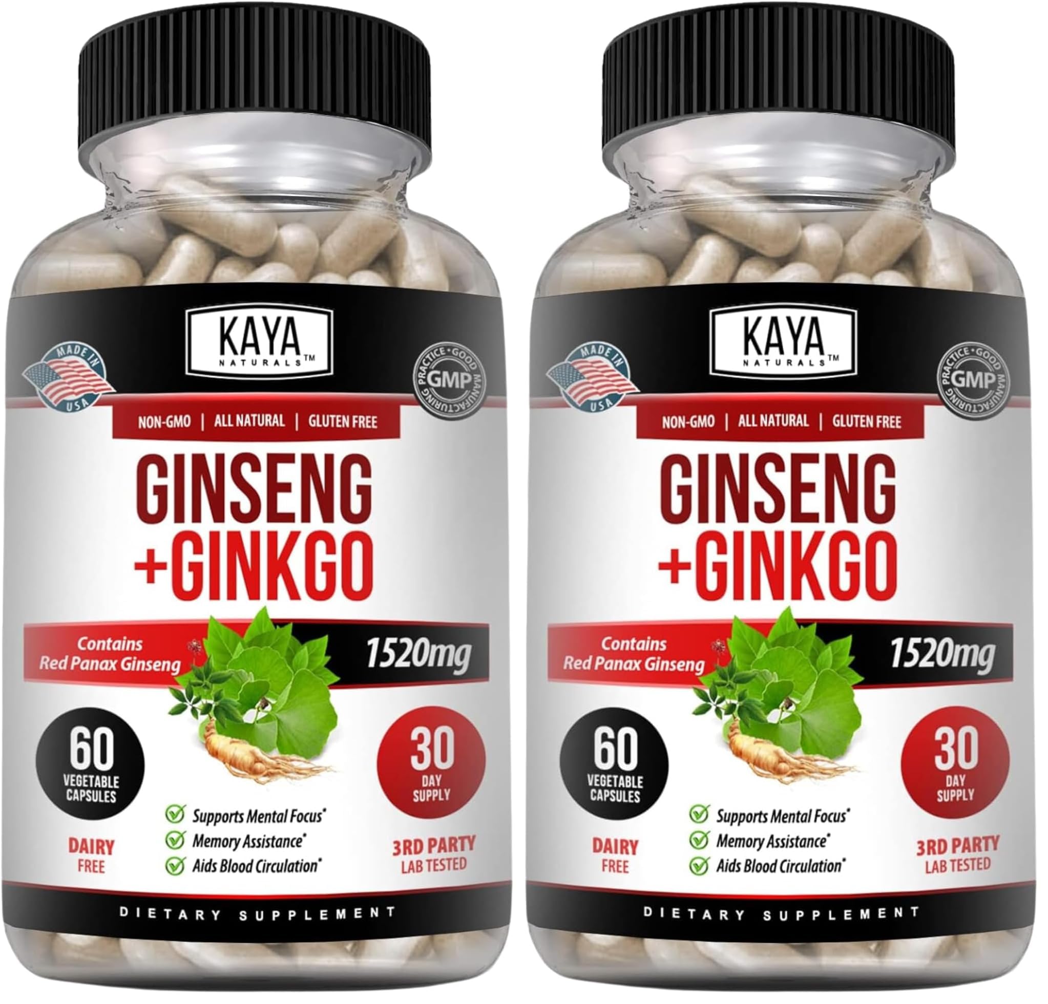 Kaya Naturals Red Panax Ginseng + Ginkgo Biloba bottle label on pack of 2