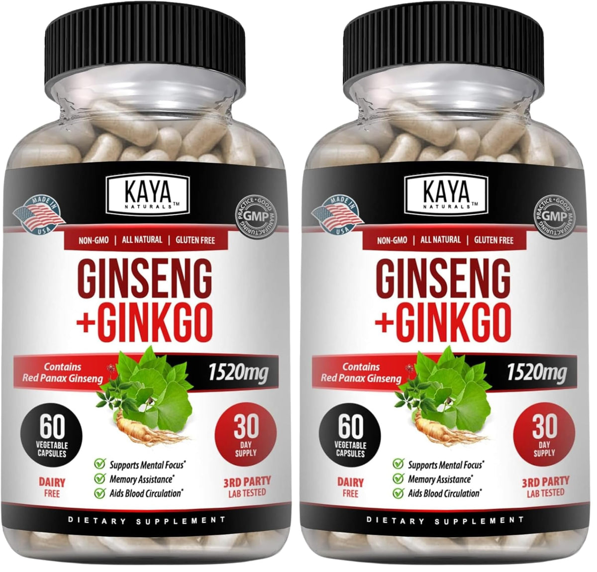 Kaya Naturals Red Panax Ginseng + Ginkgo Biloba bottle label on pack of 2
