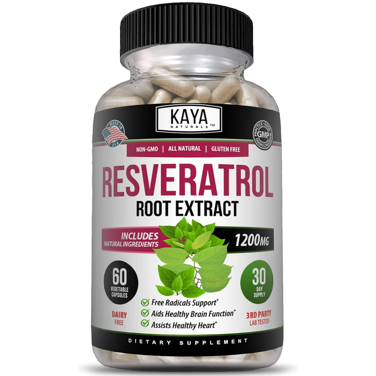 Bottle of Kaya Naturals Resveratrol Capsules with label visible