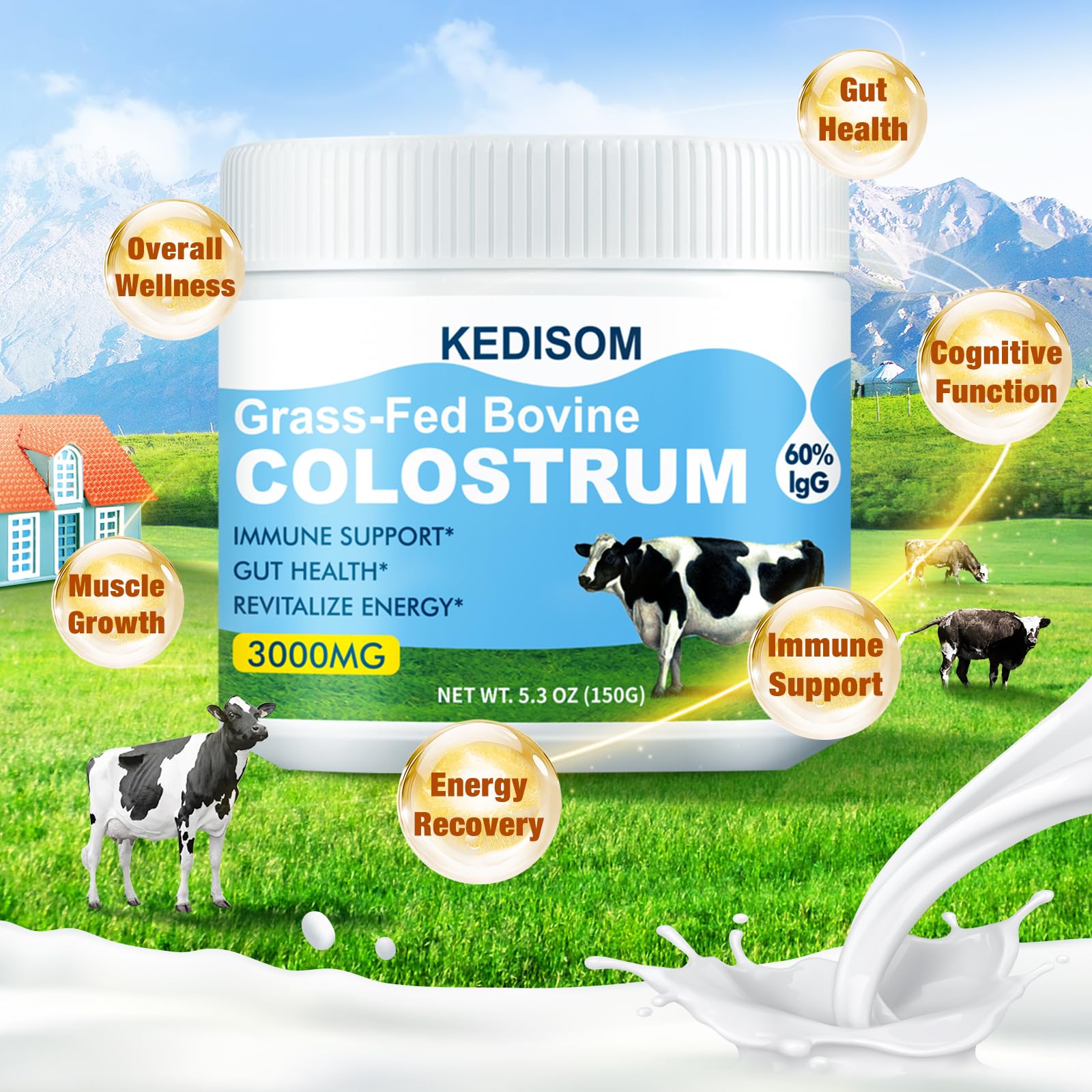 Nutrition label with 3000 mg per serving and 60% IgG