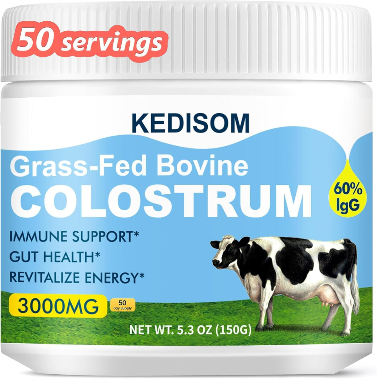 KEDISOM grass-fed bovine colostrum powder in a jar