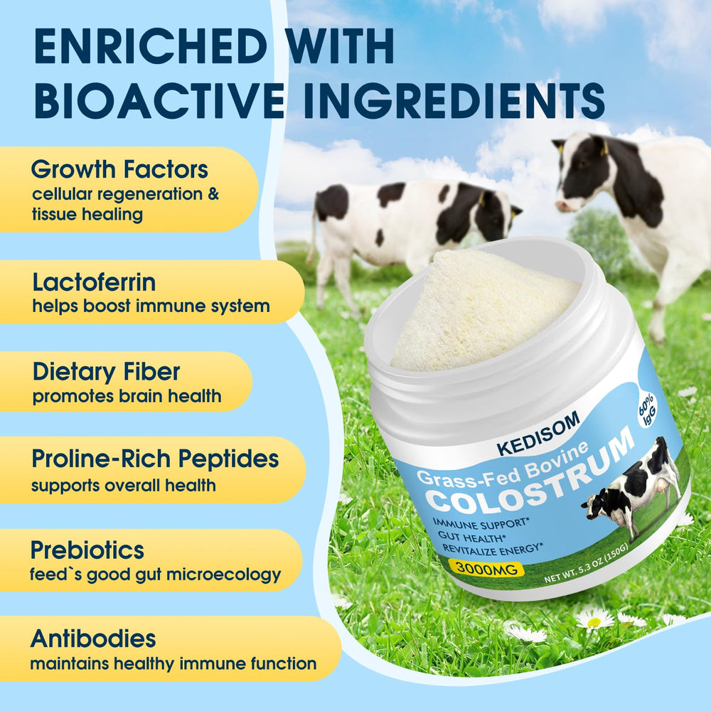 US-sourced bovine colostrum label and farm imagery