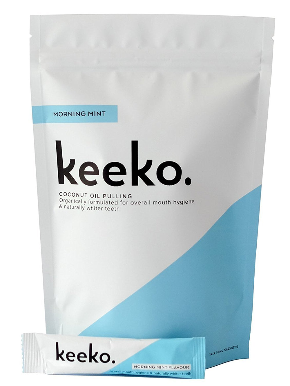 Keeko Morning Mint Oil Pulling Sachets front packaging with 14 sachets