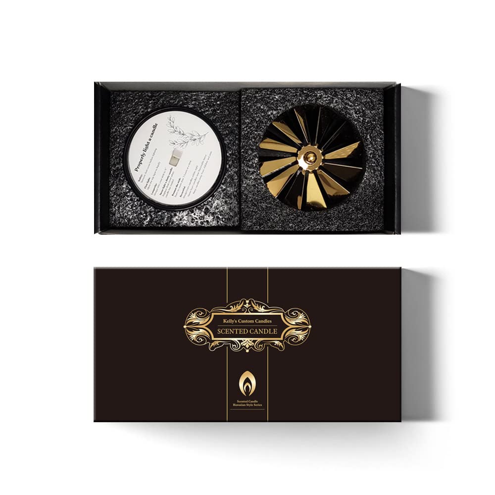 Elegant black gift box with gold text for Kelly's Candles