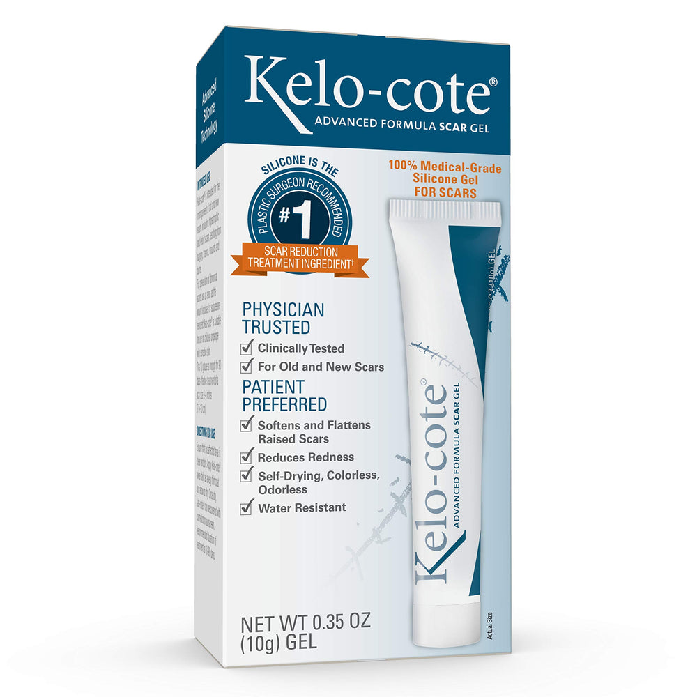 Kelo-Cote Advanced Formula scar gel tube closeup showing silicone-based scar reduction