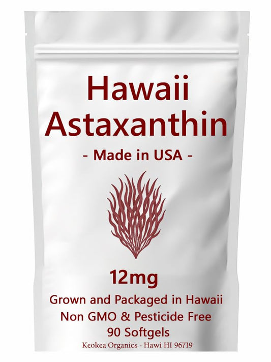Front view of Keokea Organics Hawaii Astaxanthin 12 mg bottle