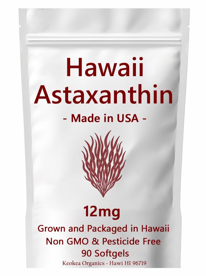 Front view of Keokea Organics Hawaii Astaxanthin 12 mg bottle
