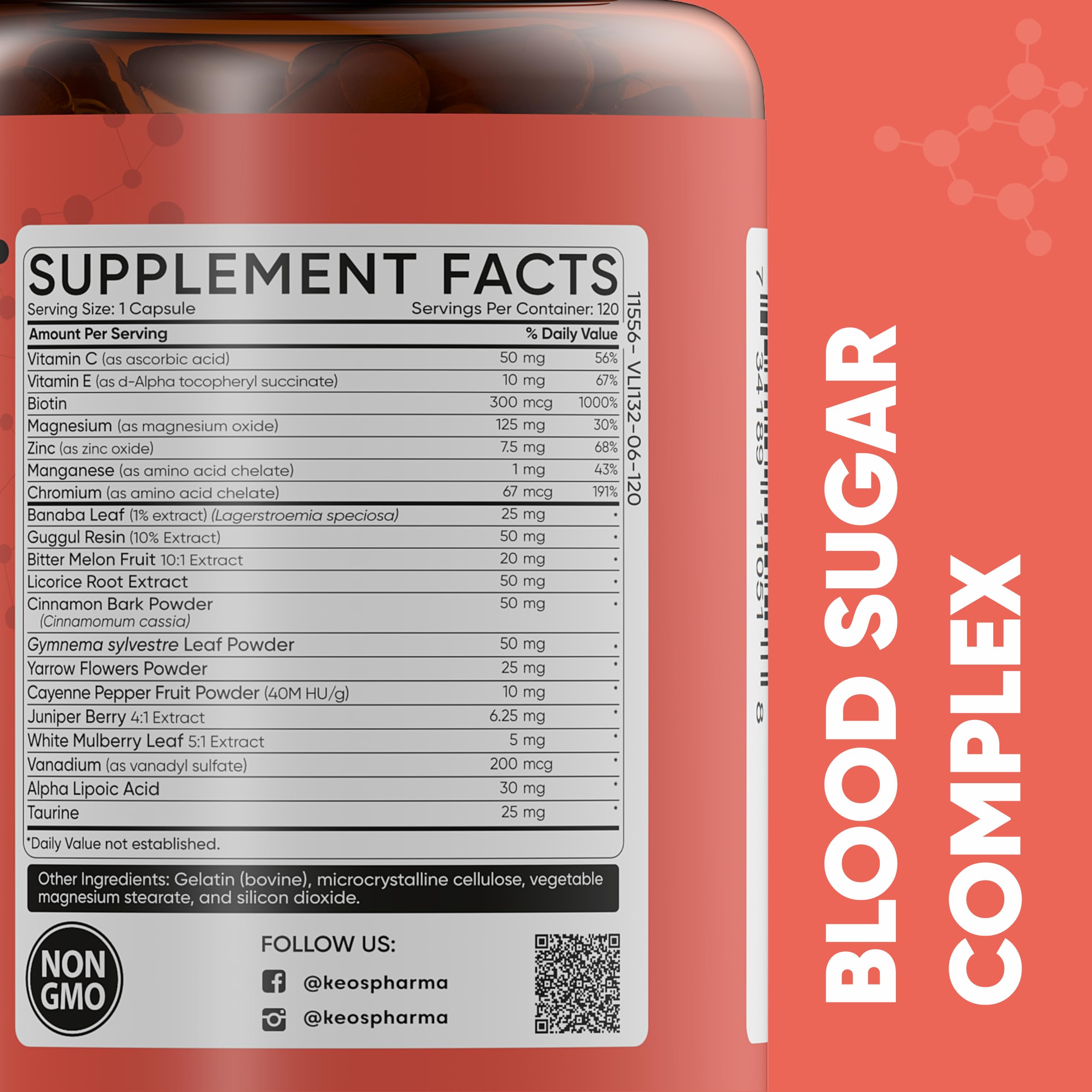 Close-up of KeosPharma Blood Sugar Complex capsules