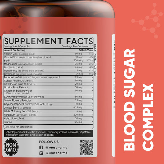 Close-up of KeosPharma Blood Sugar Complex capsules