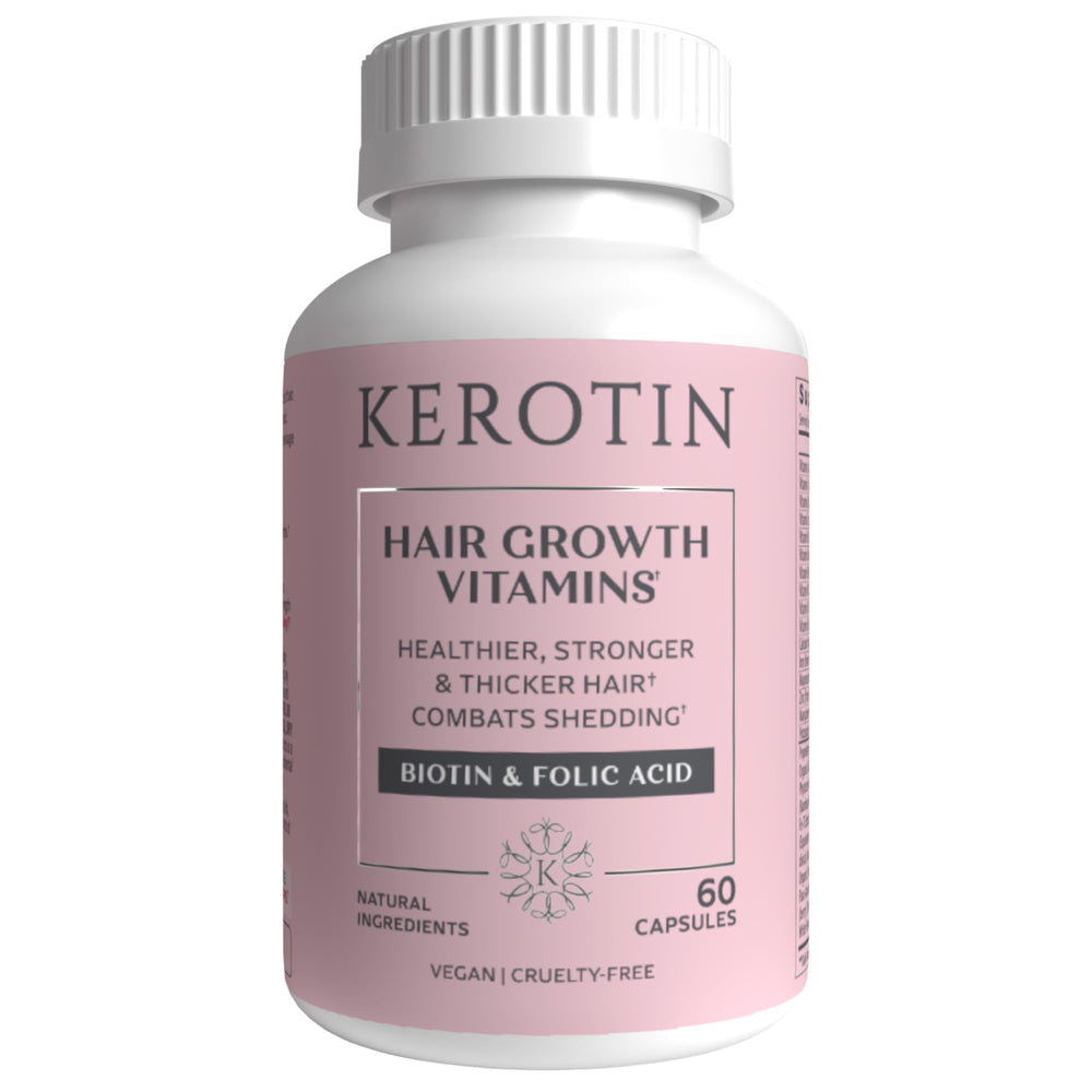 Bottle of Kerotin Hair Growth Vitamins on white background